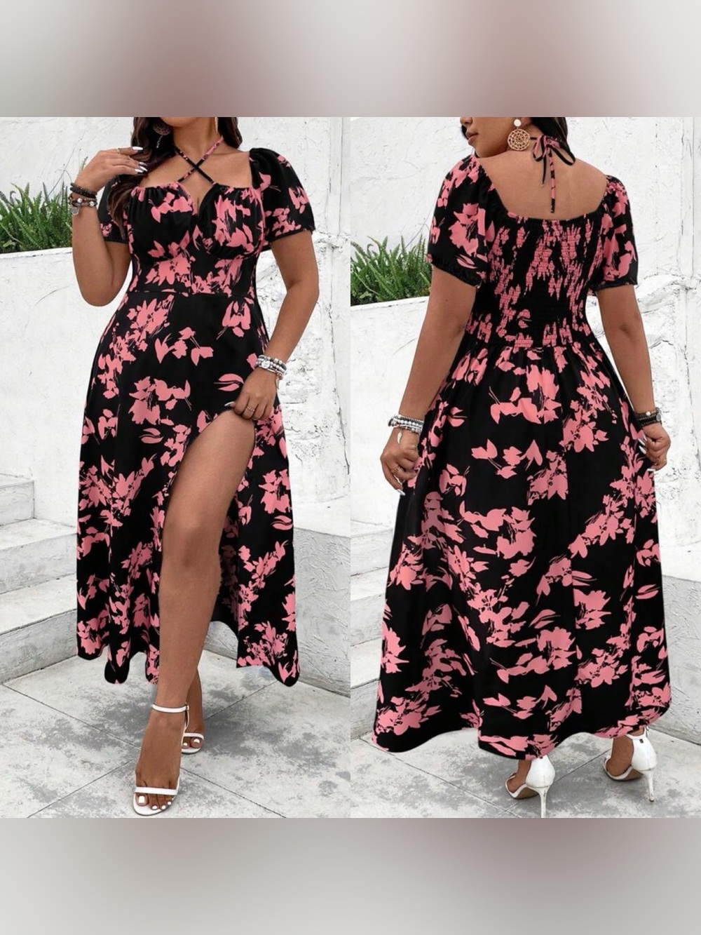 SHEINCurve Black Maxi Dress with Coral Floral Print